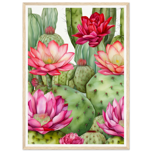 Colorful illustration of blooming cactus plants with vibrant pink and red flowers.