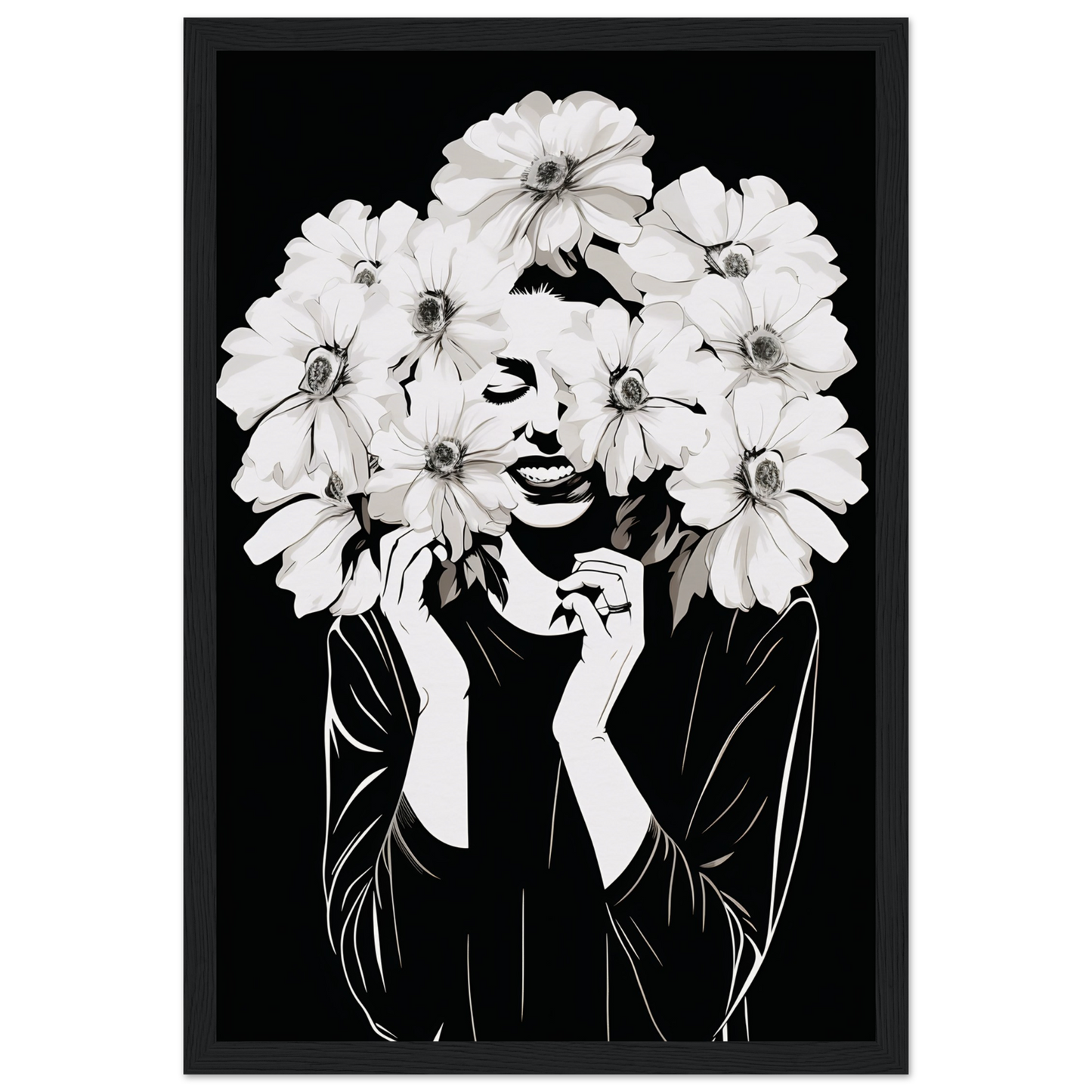 Black and white artistic portrait of a figure with white flowers forming their hair and framing their face.