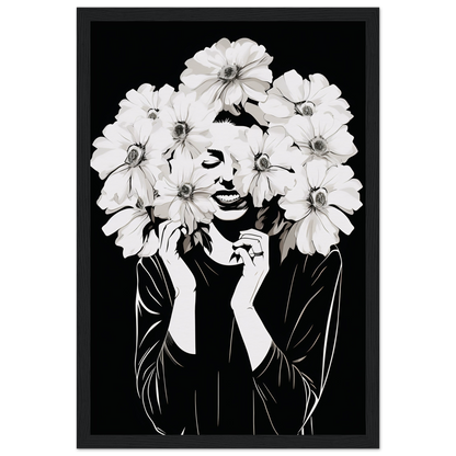 Black and white artistic portrait of a figure with white flowers forming their hair and framing their face.