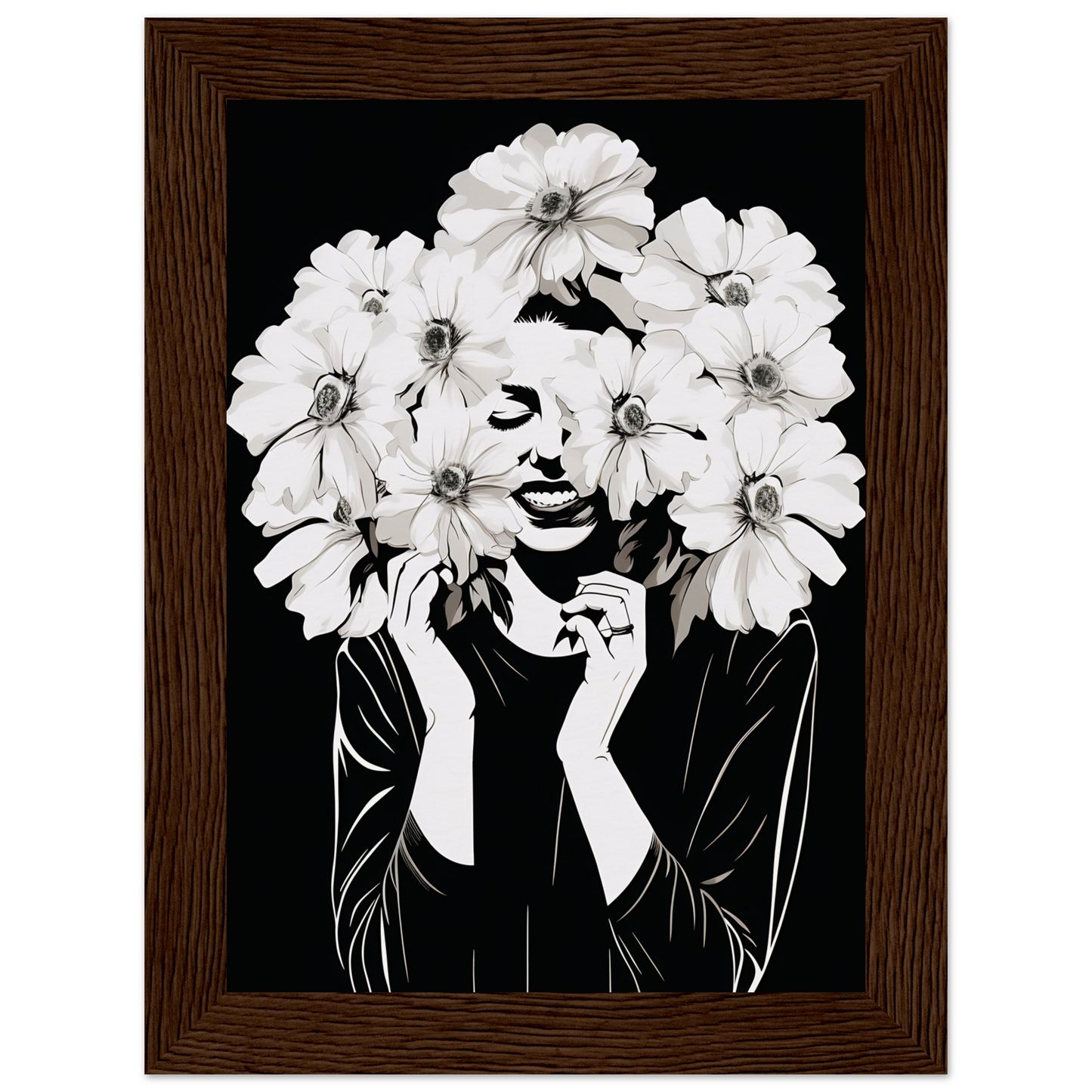 Artistic portrait combining a person’s silhouette with white flowers forming their hair.