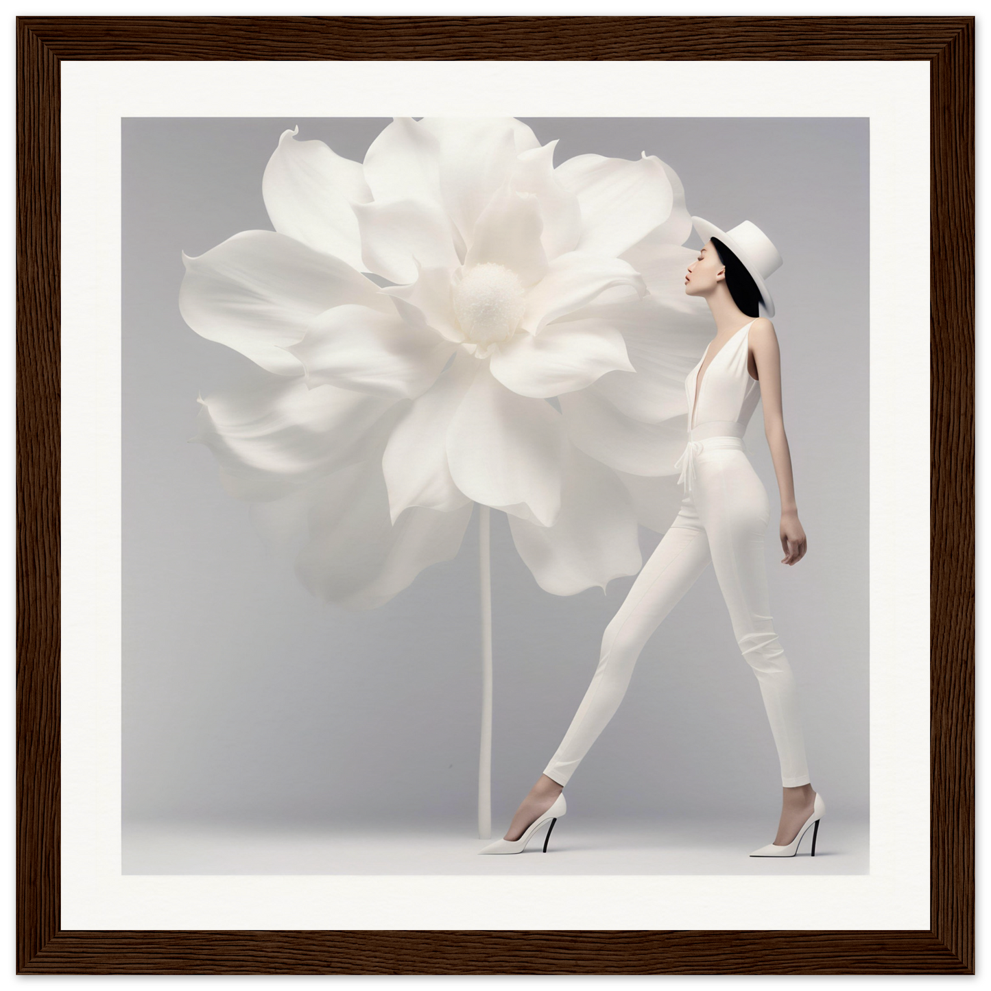 Woman in white attire walking beside an oversized white flower.