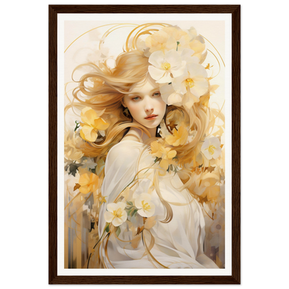 Ethereal painting of a woman with flowing golden hair adorned with white and yellow flowers.