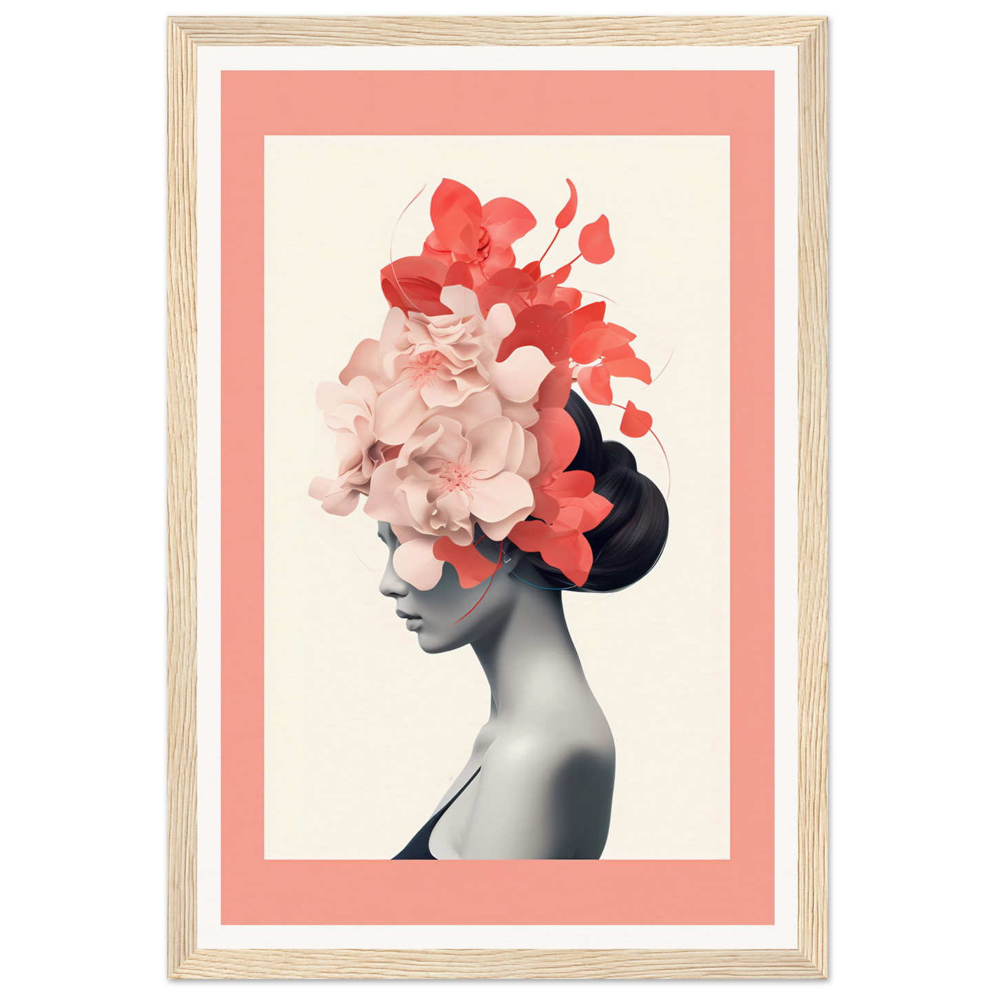 Artistic portrait featuring a silhouette with vibrant floral elements replacing the hair.