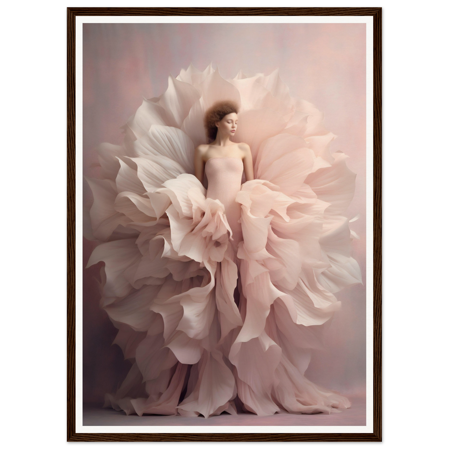 Woman emerging from a blossoming pale pink flower, her dress blending seamlessly with the petals.