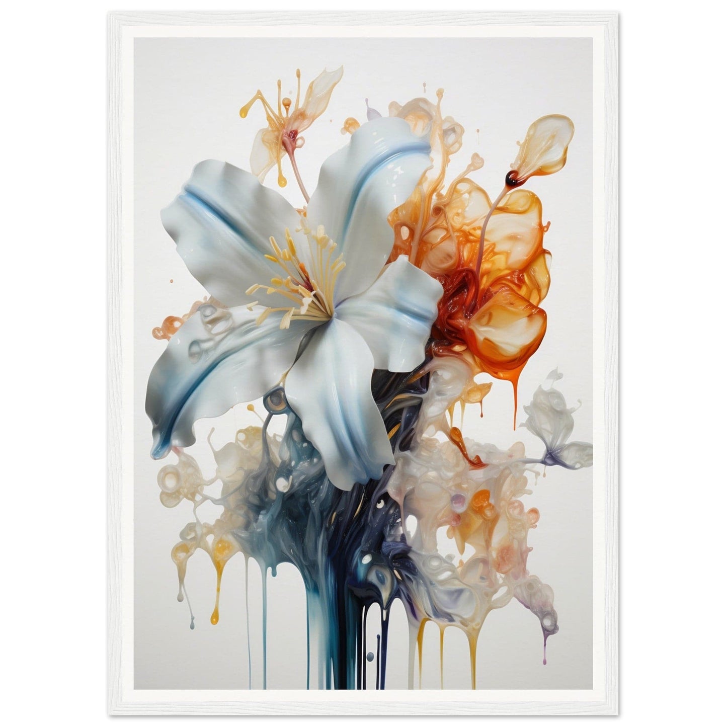 Delicate white lily flower with watercolor-style paint drips and splatters in blue, orange, and gray tones.