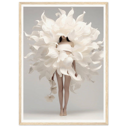 A figure enveloped in voluminous white feathers or petals, obscuring most of their body except for bare legs.