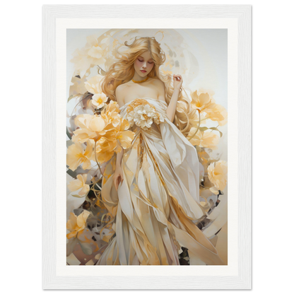 Ethereal painting of a woman in a flowing white dress surrounded by golden flowers.