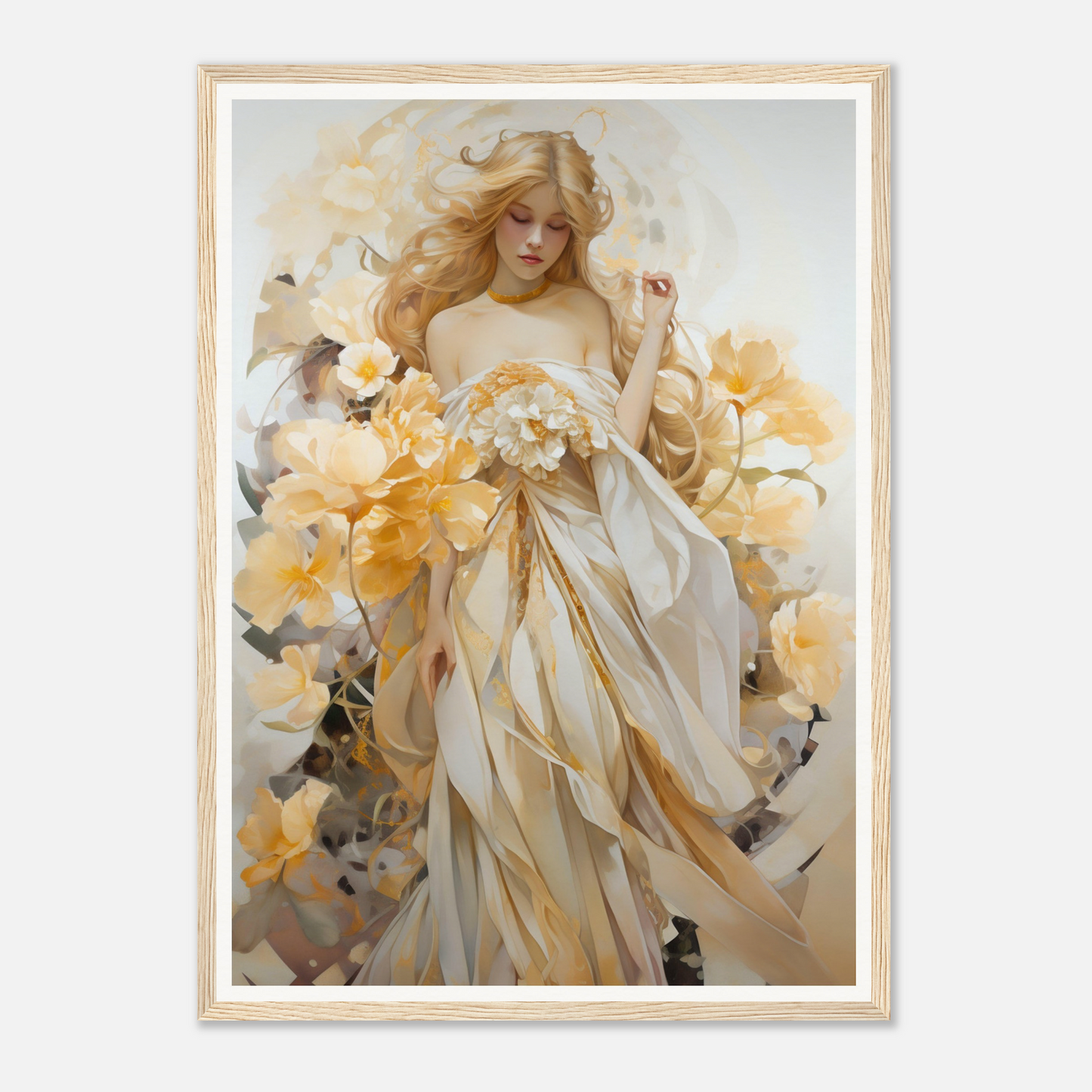 Ethereal painting of a woman in flowing white and gold robes holding flowers.