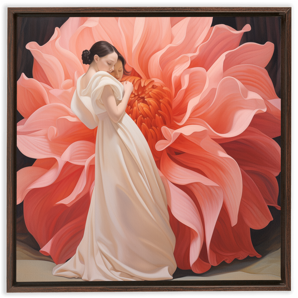 Woman in a white dress standing in front of an enormous pink flower bloom.