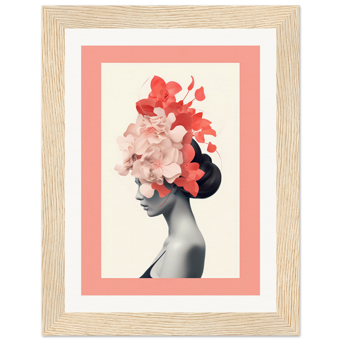 Framed artwork depicting a silhouette with floral elements atop the head.