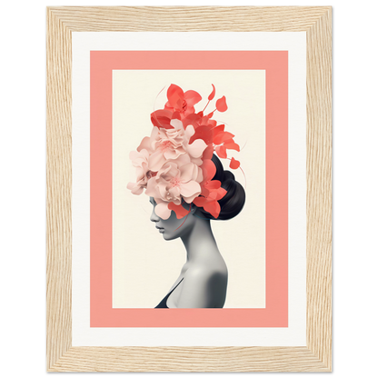 Framed artwork depicting a silhouette with floral elements atop the head.