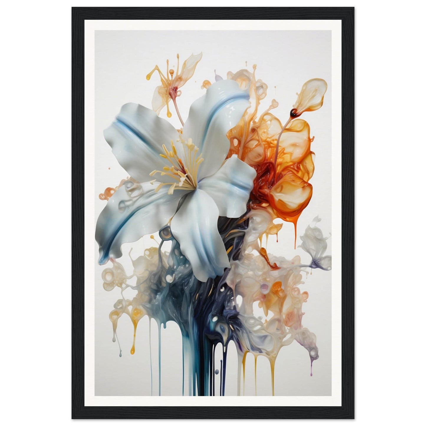 Framed watercolor painting of a lily with abstract floral elements and dripping paint effects.