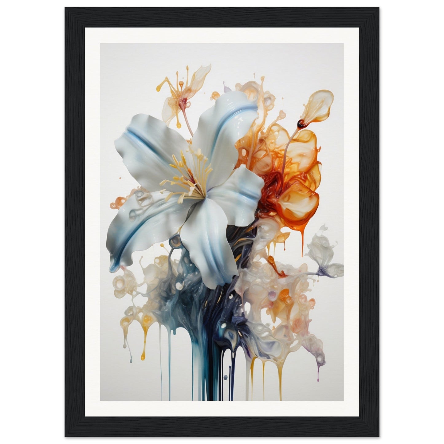 Watercolor-style painting of a white lily with orange and blue abstract elements.