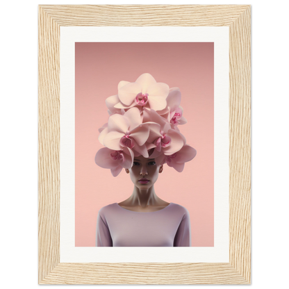 Surreal portrait of a figure with oversized orchid flowers in place of their head and hair.