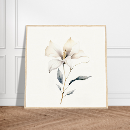 Delicate watercolor painting of a white lily flower with soft green leaves.