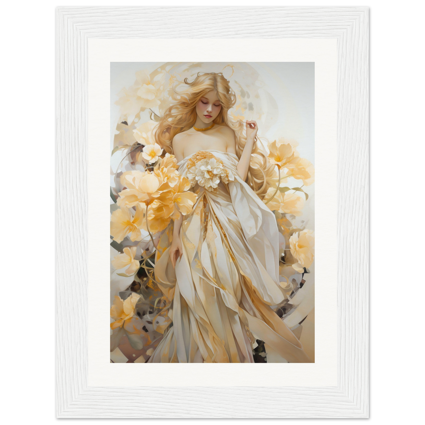 Ethereal painting of a woman in flowing white and gold robes surrounded by flowers.