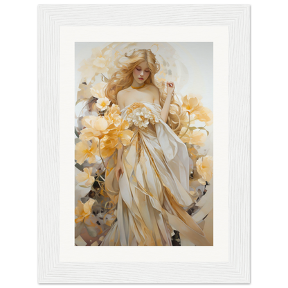 Ethereal painting of a woman in flowing white and gold robes surrounded by flowers.