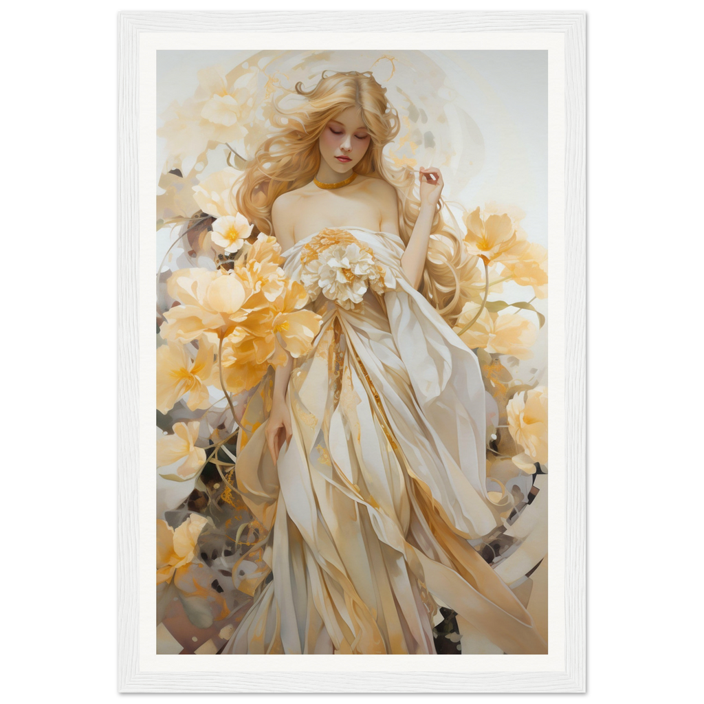 Ethereal painting of a woman in flowing white and gold robes surrounded by flowers.