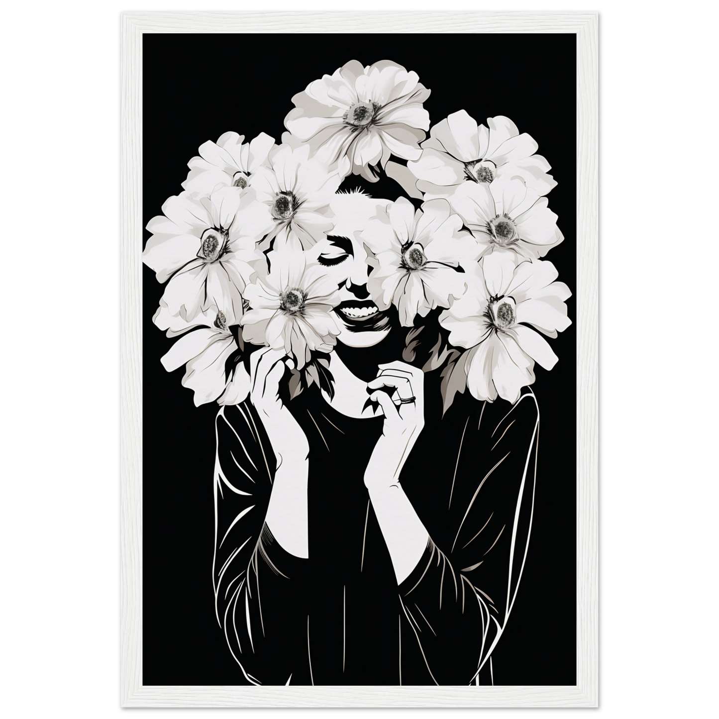 Artistic black and white portrait of a figure with white flowers forming their hair and framing their face.