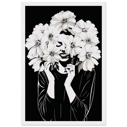 Artistic black and white portrait of a figure with white flowers forming their hair and framing their face.