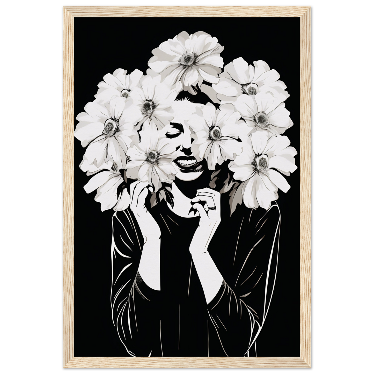 Artistic portrait combining a woman’s face with large white flowers forming her hair.