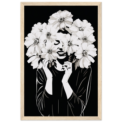 Artistic portrait combining a woman’s face with large white flowers forming her hair.