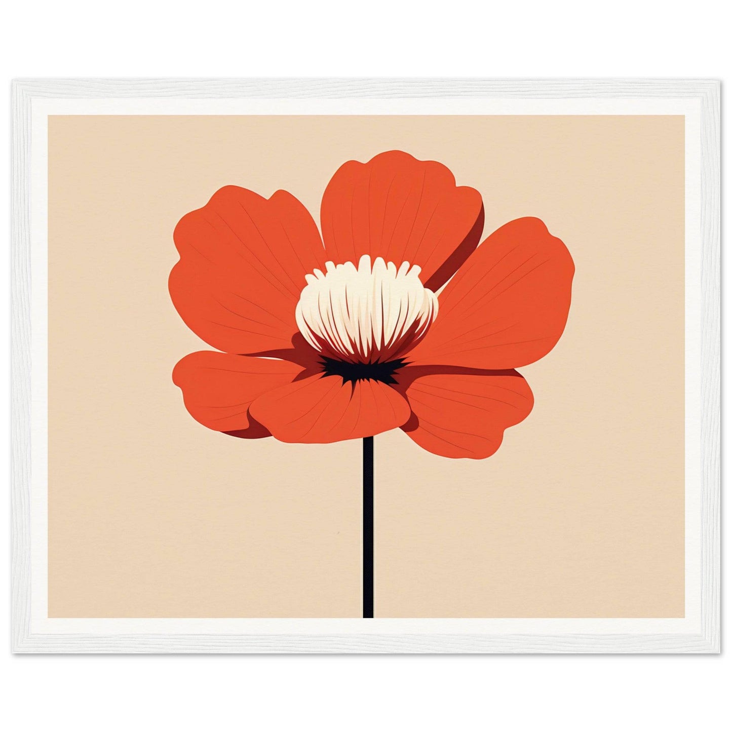 Vibrant red poppy flower with white center against a beige background.