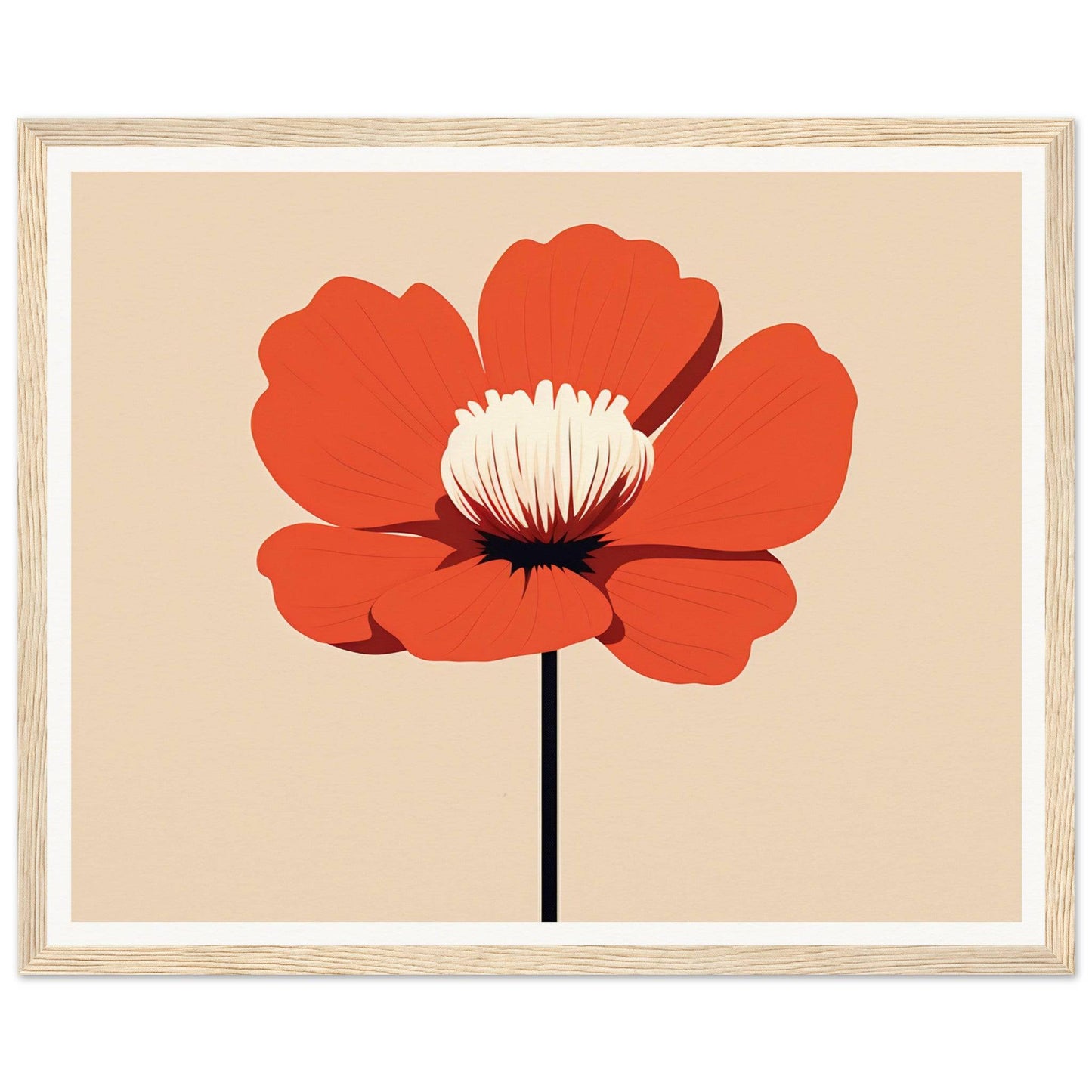 Vibrant red poppy flower with a white center on a thin stem.