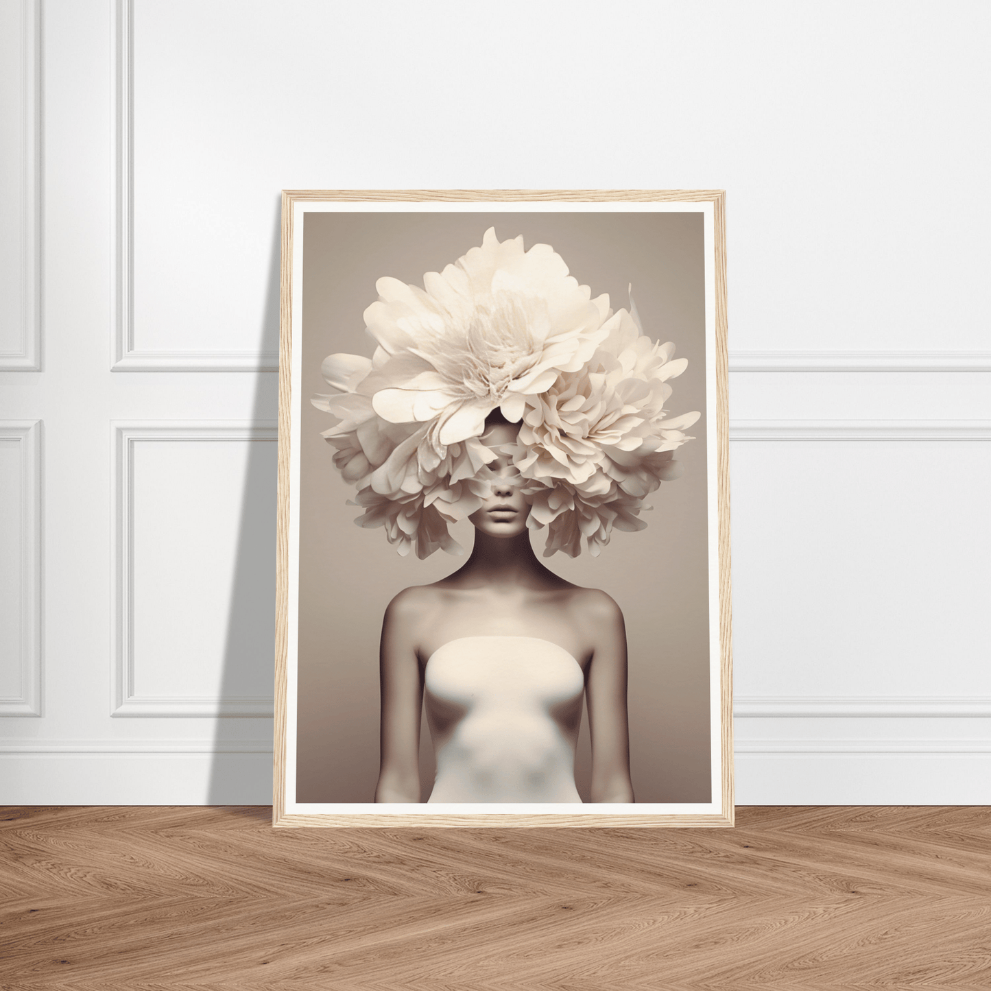 Framed artistic photograph of a figure with a floral headdress obscuring their face.