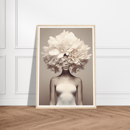 Framed artistic photograph of a figure with a floral headdress obscuring their face.