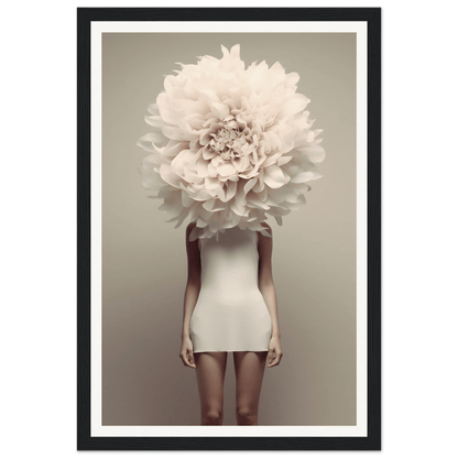 Surreal portrait of a figure with an enormous white peony flower in place of their head.