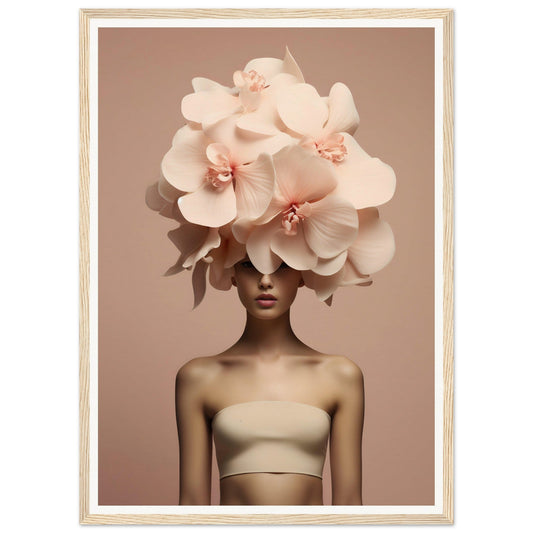 A figure wearing an elaborate floral headdress made of oversized pale pink blossoms.