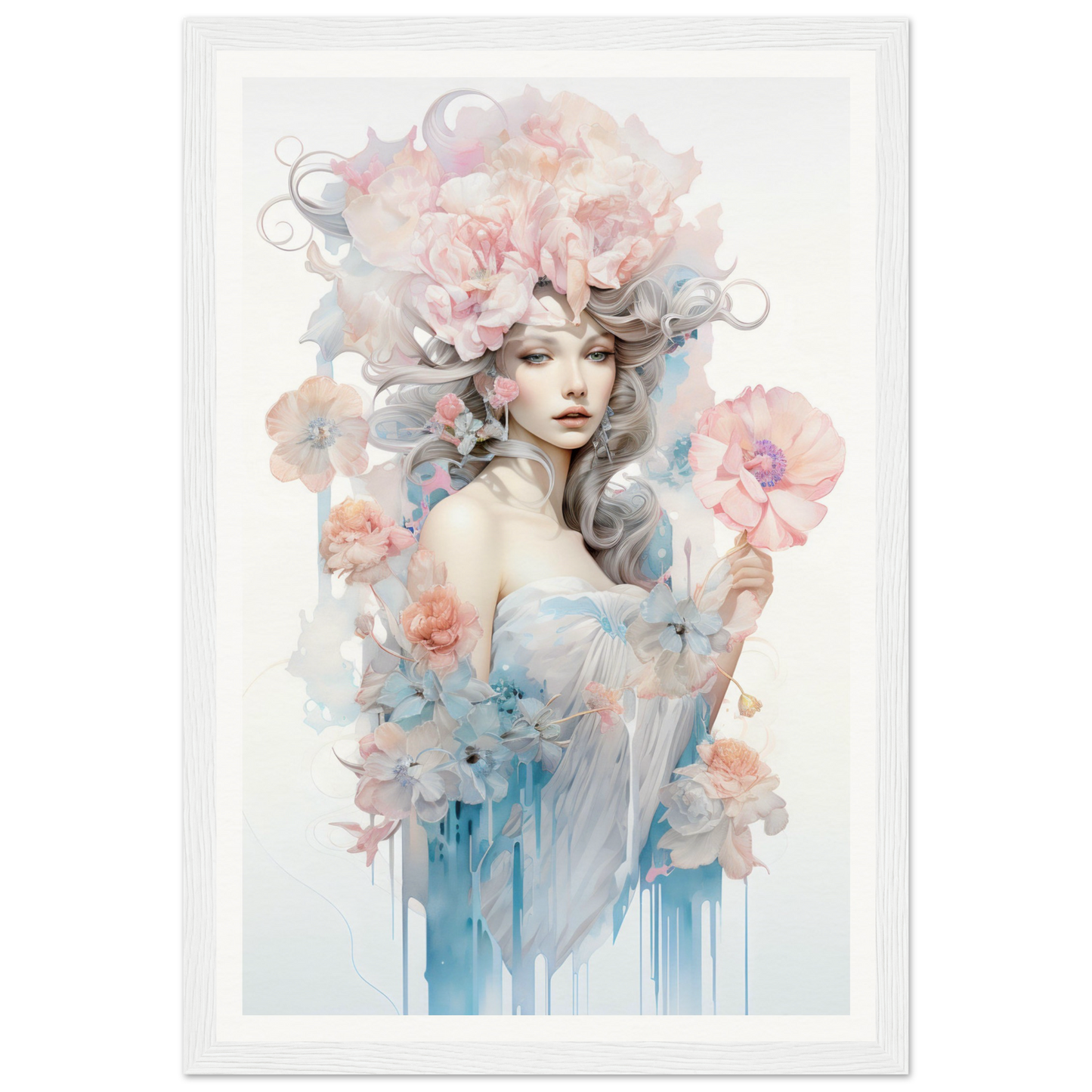 Ethereal watercolor-style portrait of a woman surrounded by soft floral elements and pastel hues.