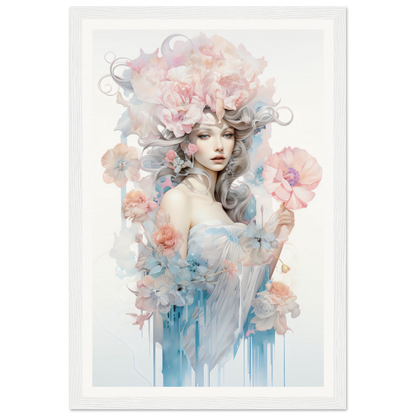 Ethereal watercolor-style portrait of a woman surrounded by soft floral elements and pastel hues.