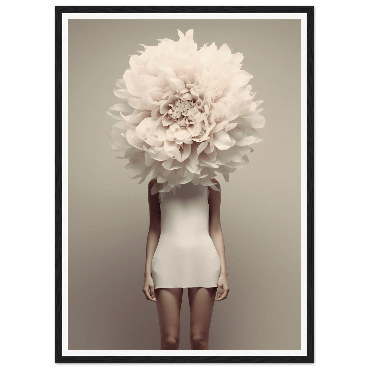 A white peony flower replacing a figure’s head atop a body in a short dress.