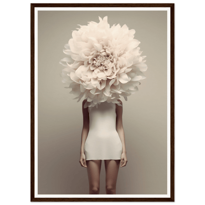 A white peony flower replacing a figure’s head in a surreal portrait.