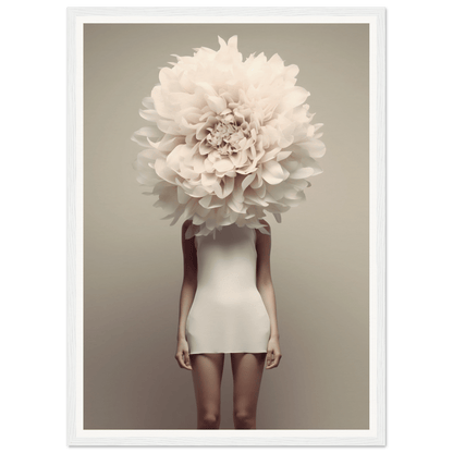 Surreal figure wearing a short white dress with an enormous pale flower in place of its head.