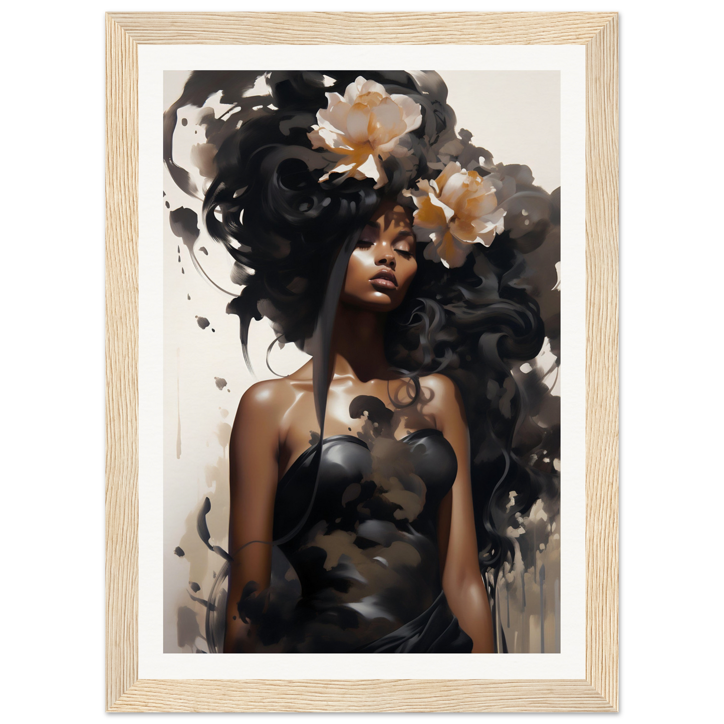 Artistic portrait of a woman with flowing dark hair adorned with flowers.