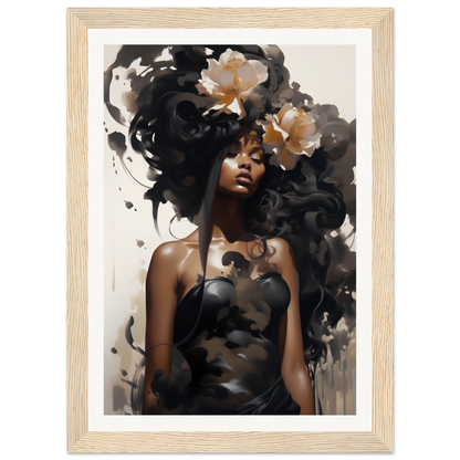 Artistic portrait of a woman with flowing dark hair adorned with flowers.