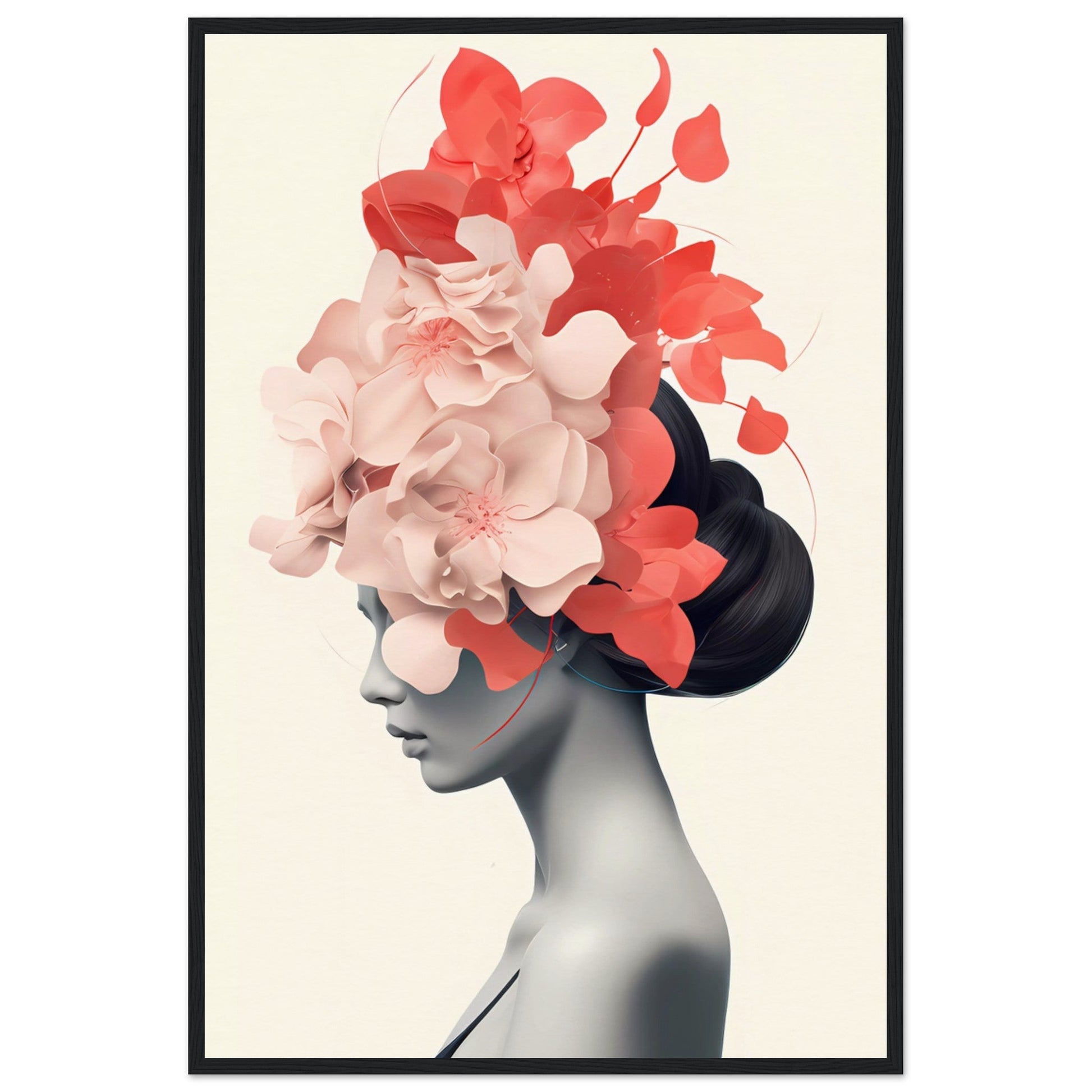 Artistic portrait of a figure with vibrant red and pink floral elements adorning their head.