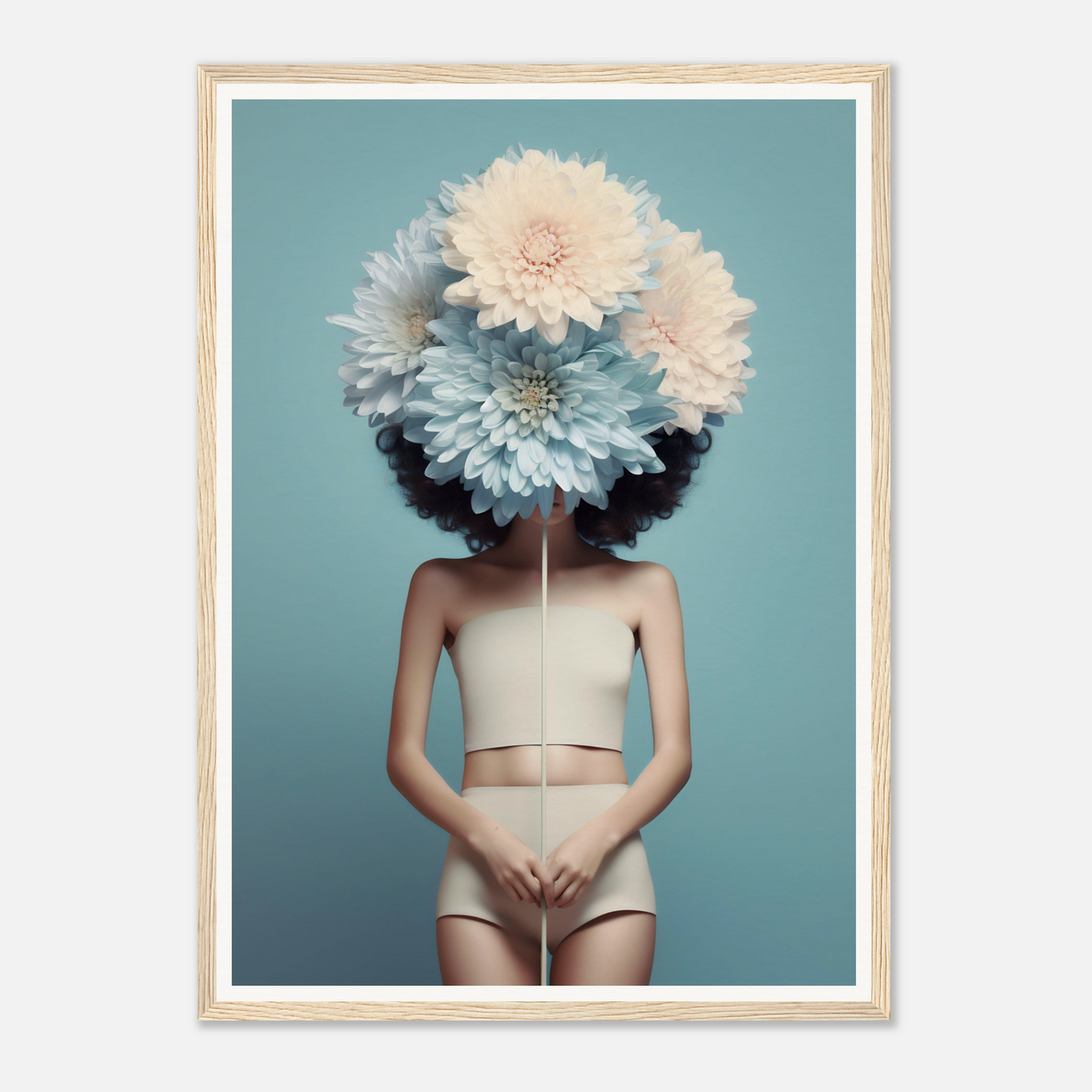 Surreal portrait featuring a figure with giant white flowers obscuring the head.