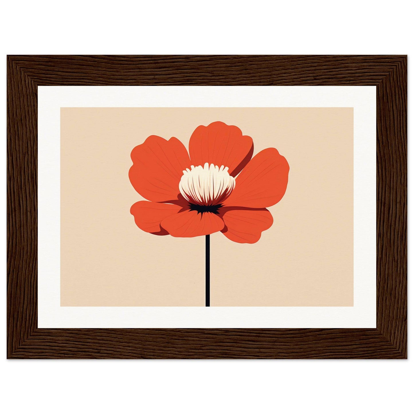 Stylized red poppy flower with a white center on a beige background.