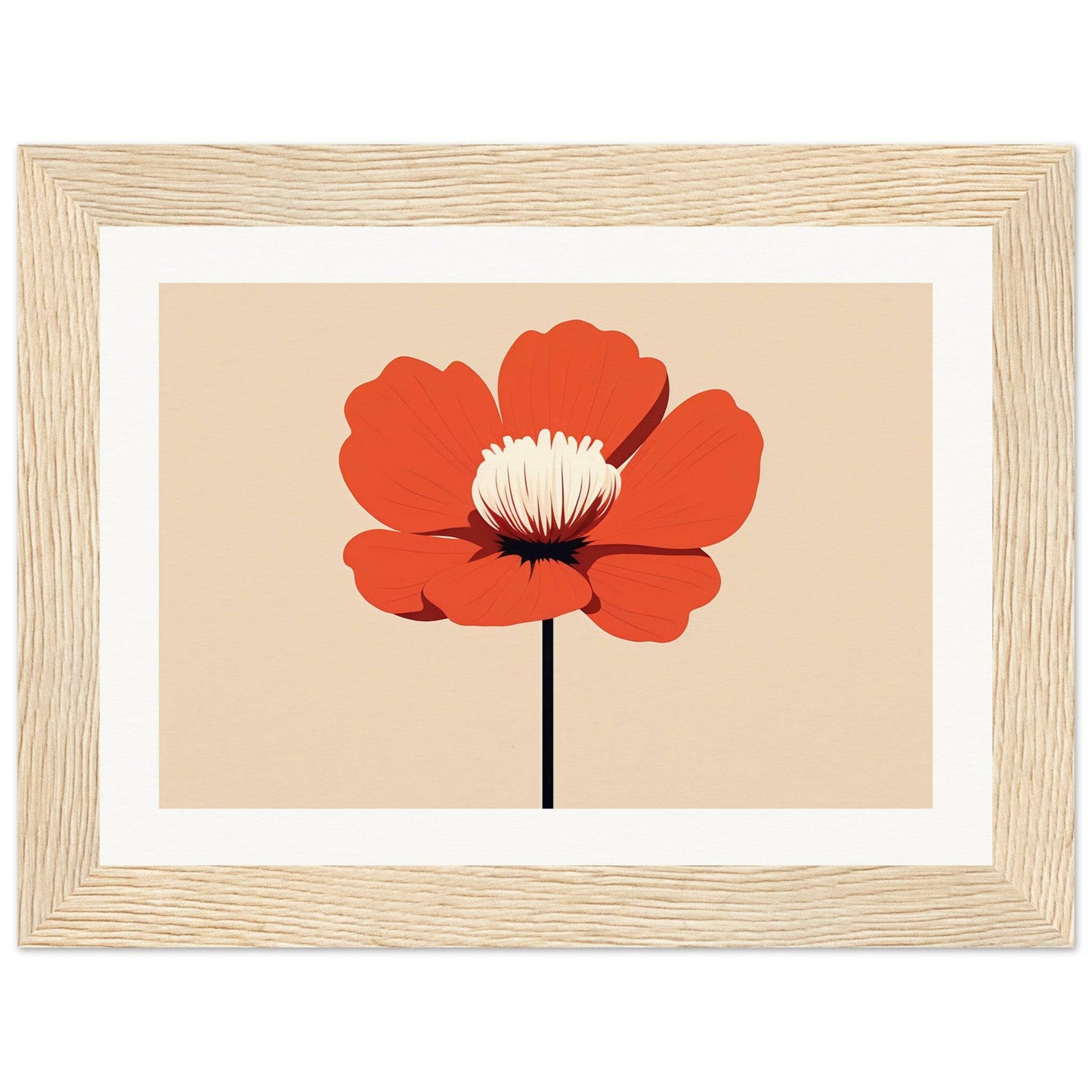 Stylized red poppy flower with a white center on a beige background, framed in light wood.