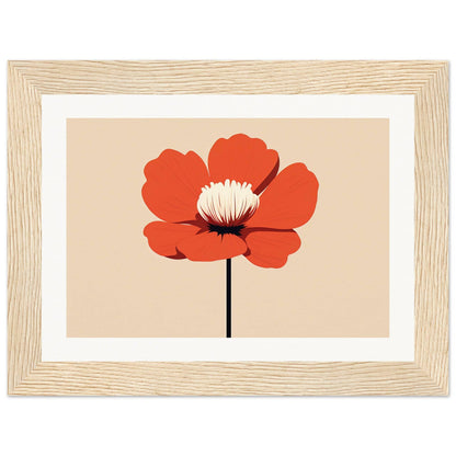 Stylized red poppy flower with a white center on a beige background, framed in light wood.