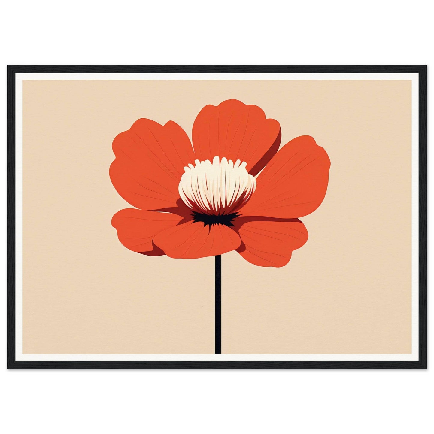 Stylized red poppy flower with a white center on a thin stem.