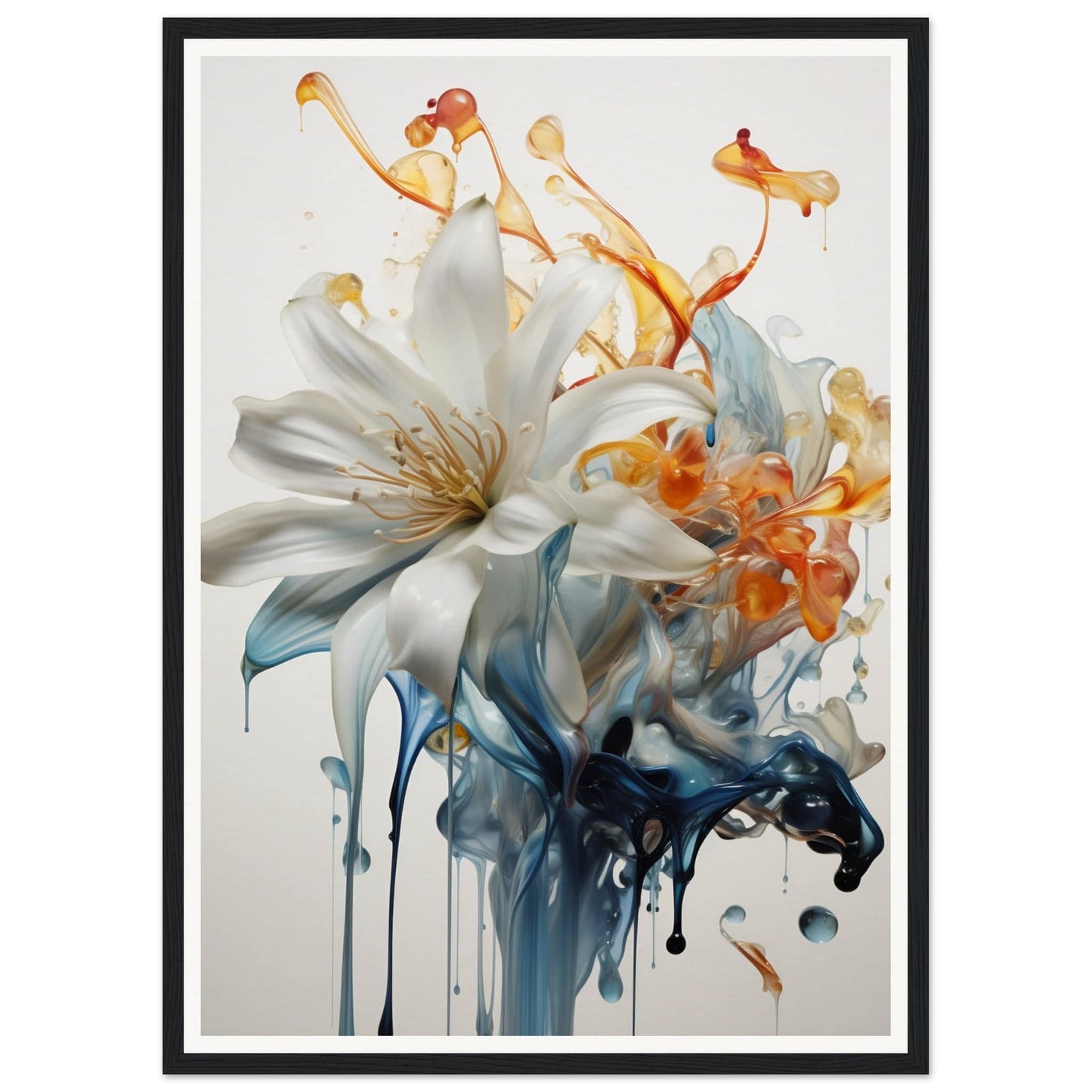 Watercolor-style painting of a white lily with colorful drips and splashes.