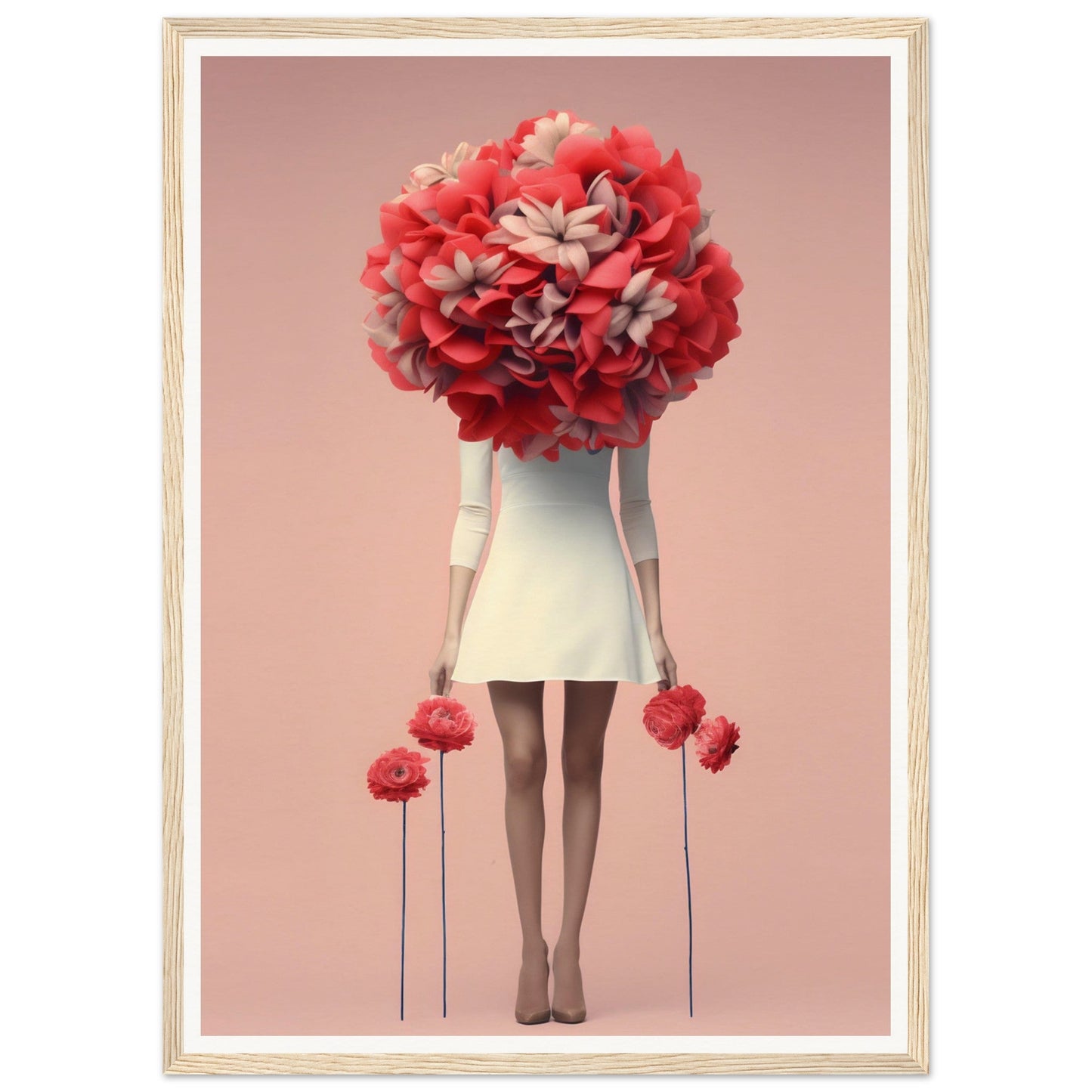 A surreal figure with a giant red flower bouquet for a head, wearing a white dress and holding flower stems.