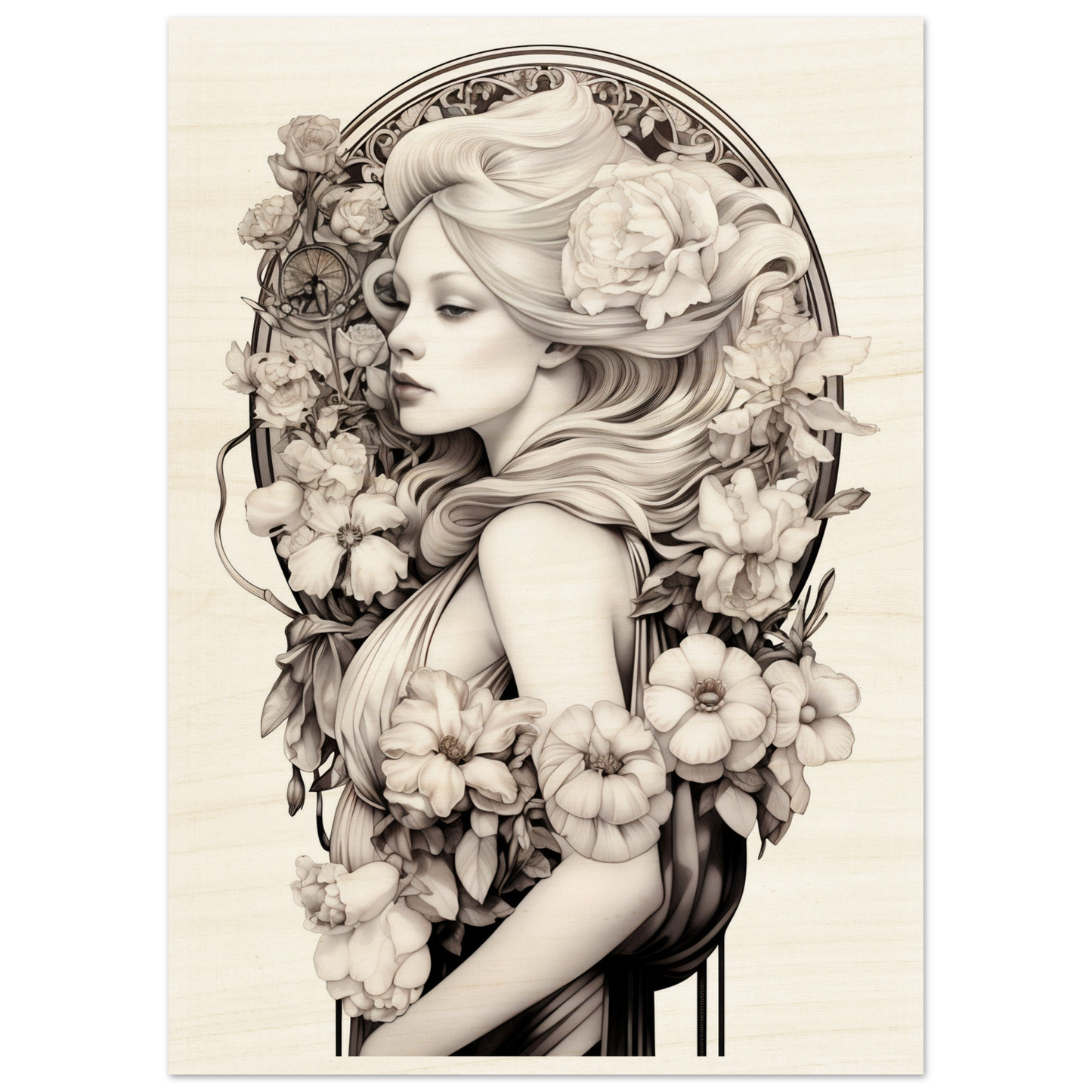 Detailed pencil or charcoal drawing of a young woman surrounded by flowers in an Art Nouveau style.