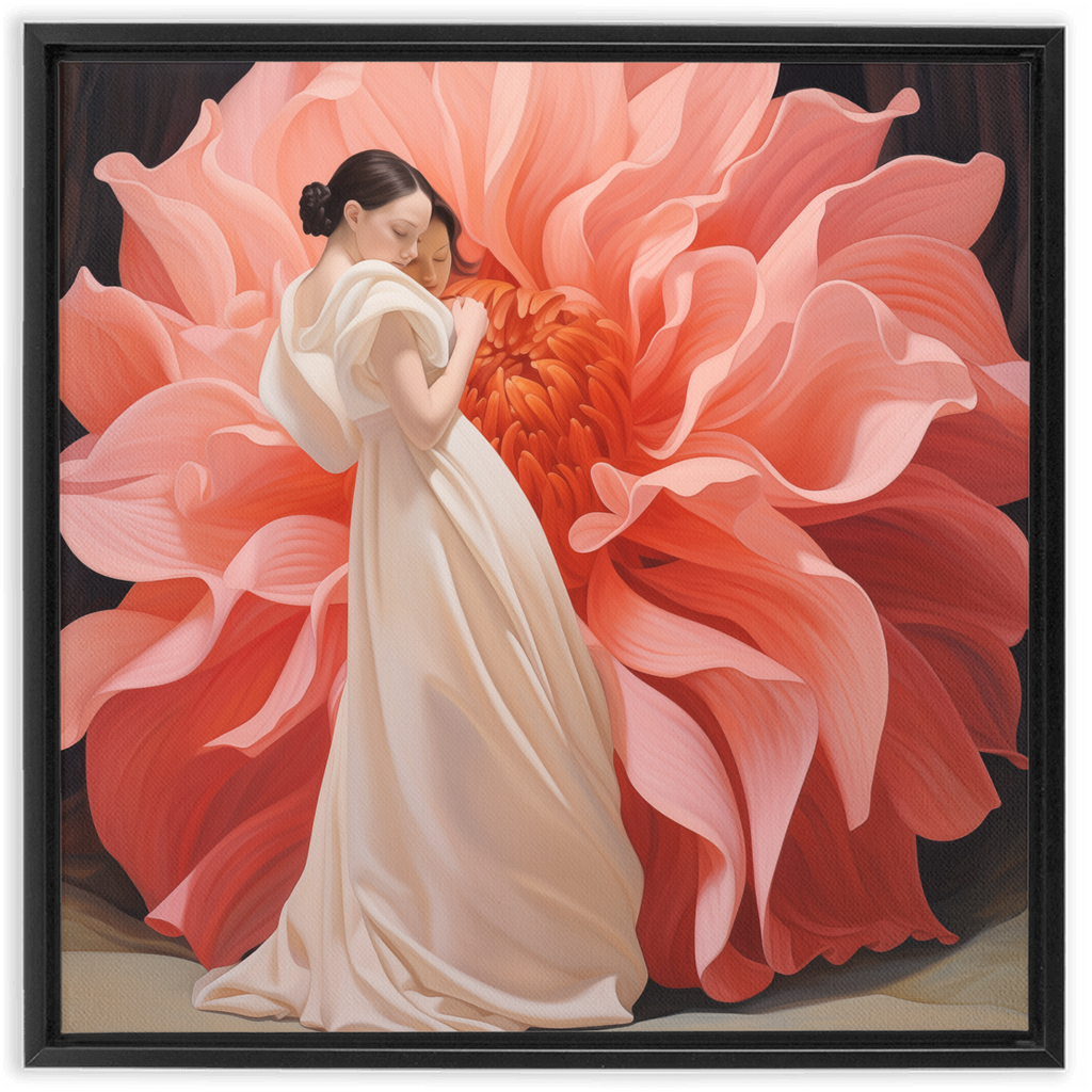 Woman in a white dress embracing a giant pink flower.