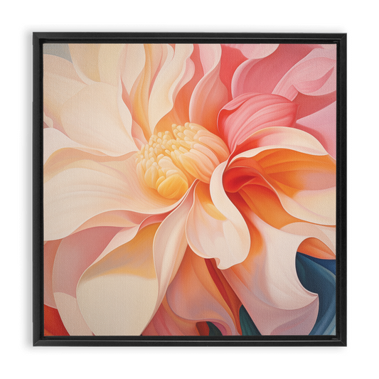 Close-up painting of a blooming flower with soft pink, peach, and orange petals.